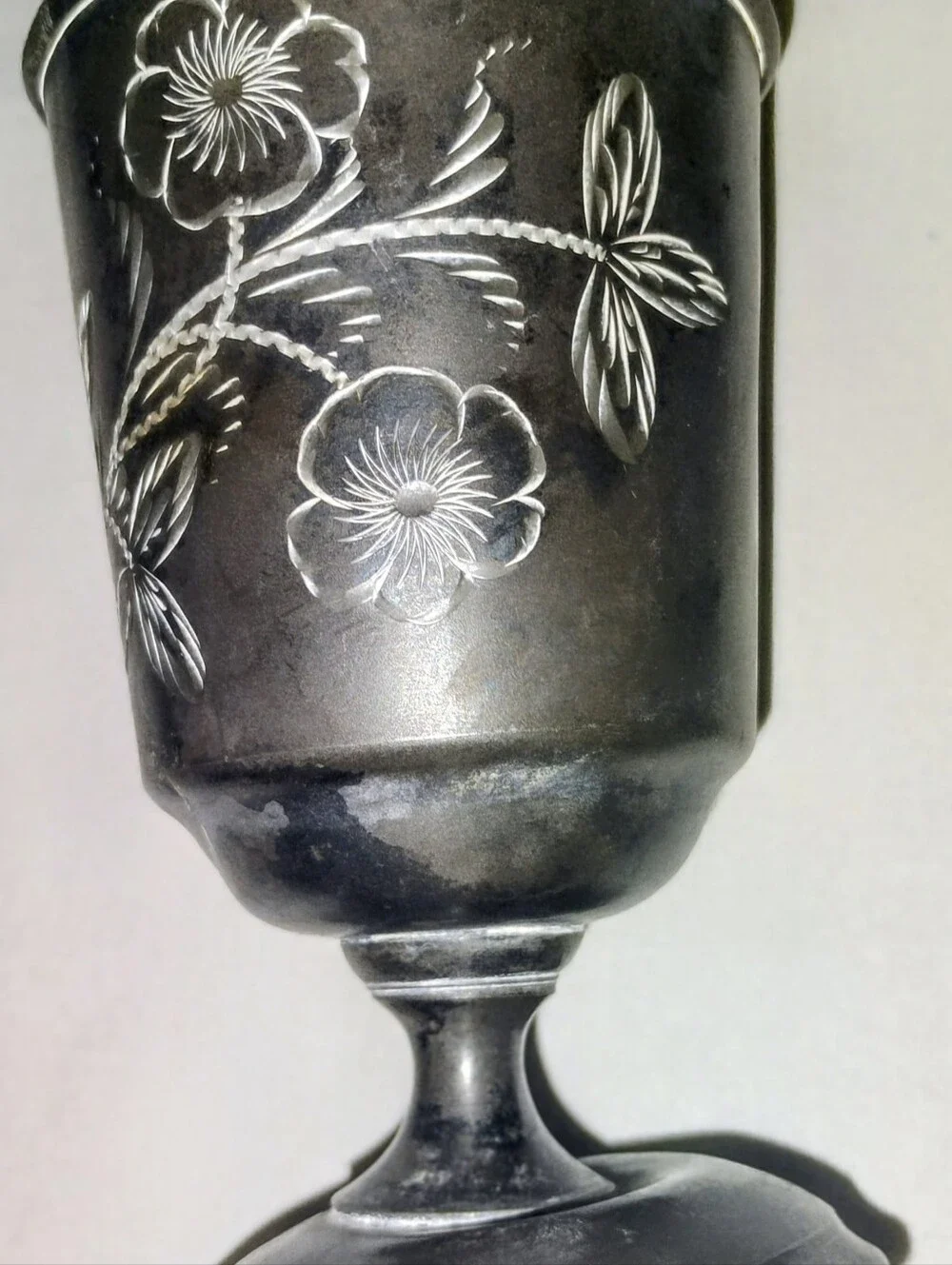 Vintage Hand Engraved Floral Silver Plate Goblet Etched Cordial Chalice